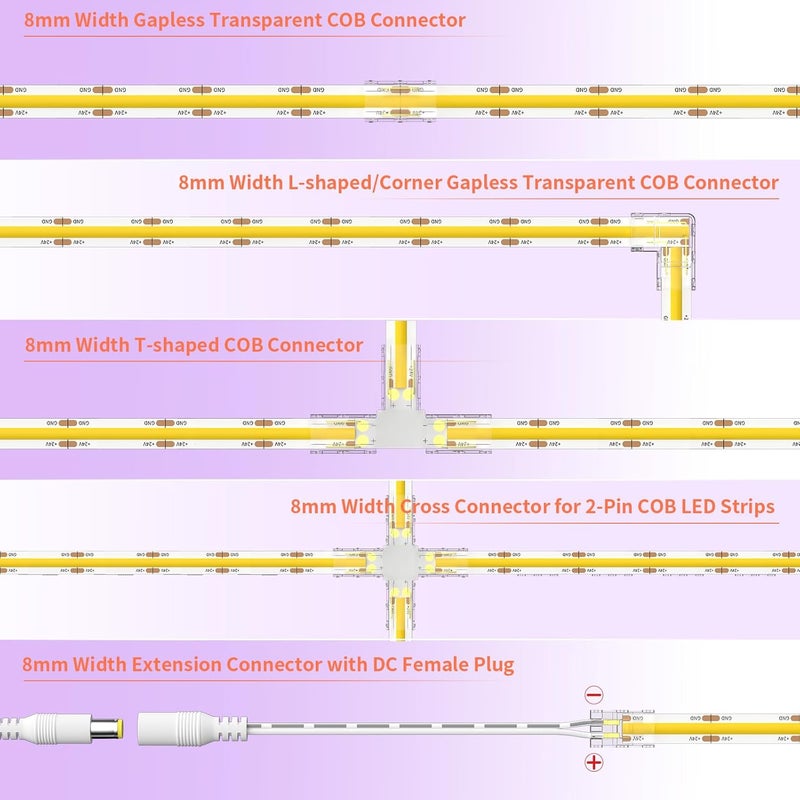MIWISE 8mm COB LED Strip Connectors Kit, L-Shaped/Corner/T-Shaped/Cross Connectors, Strip-to-Strip & Extension Connectors with DC Female Plug, for DIY Lighting Projects, 5V/12V/24V - Image 2